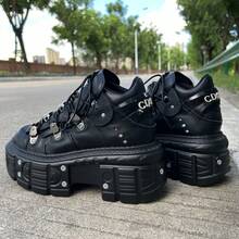 Gothic Punk Style Women And Men Platform Sneakers Black Vintage Metal Decorations Lace-Up Rock Ankle Boots Shoes - 黑色 - 查看 8