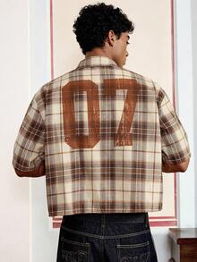 多种尺码男士宽松翻领短袖格子印花拼布休闲衬衫，街头潮流 - 彩色 - 查看 3