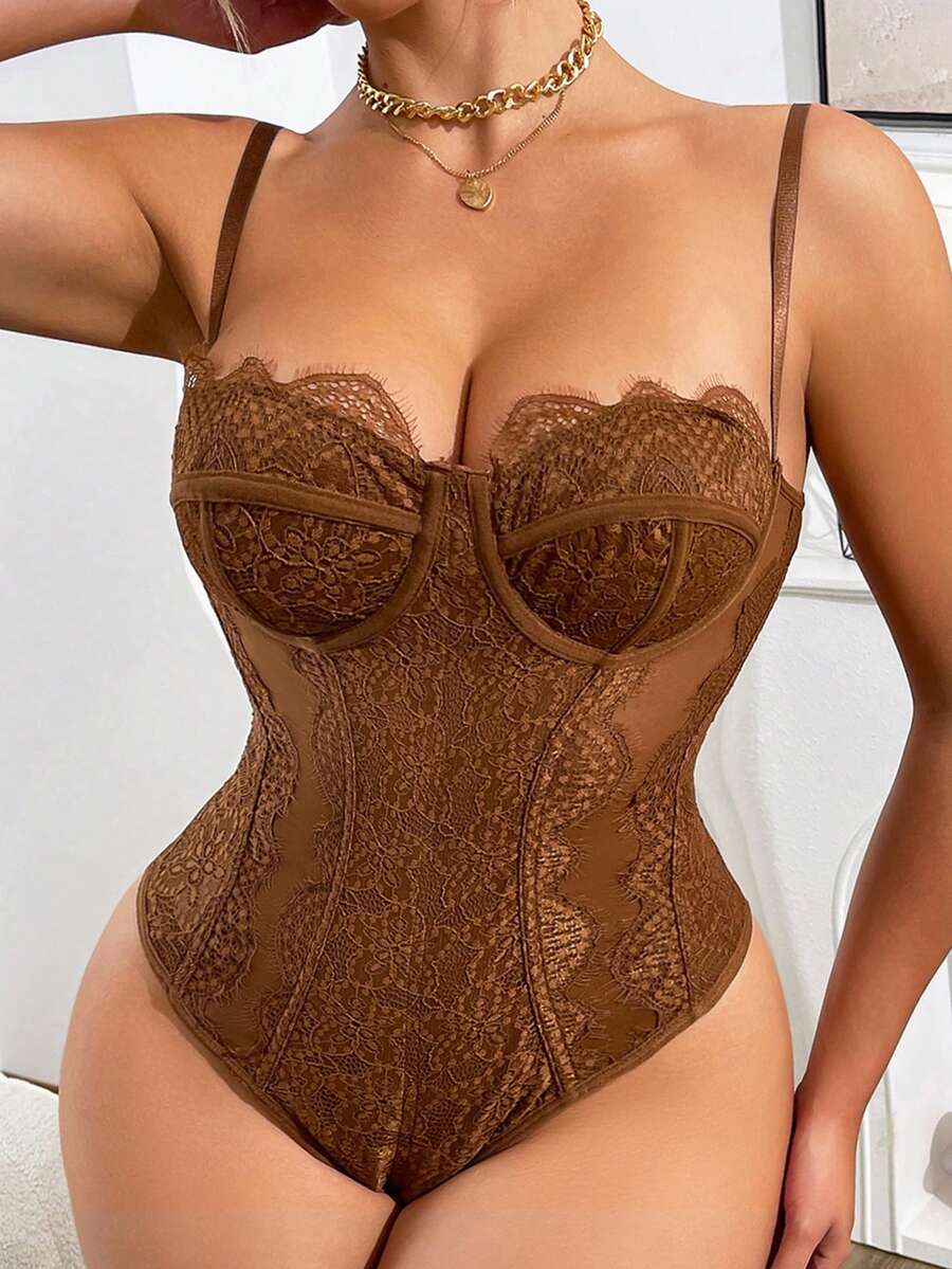 1pc Lace Bodysuit, Sexy Clubwear For Going Out, Party, Backless Camisole, Fitted Spaghetti Strap Top - Brown - View 1