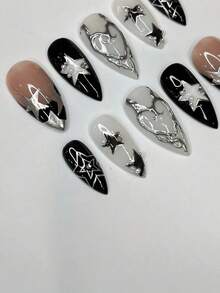 !! ! 10 Pieces Of Handmade Wearable Nails, Retro Old Money Pink Glossy Black And White French Style, With Diamonds, Medium Almonds, White Stars And 5D Silver Wire Decoration, With Jelly Glue And Rubbing Strips, Suitable For Daily Travel During The Four Seasons, Daily, Autumn And Winter Travel, Dating, Shows And Other Places Press On Nails Nail Supplies Nails