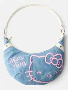 Sanrio 1 pieza Bolso cruzado de denim con bordado de Hello Kitty, bolso casual versátil para llevar debajo del brazo para mujeres