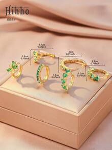 Hihho 6 件/套迷人时尚闪亮绿色锆石镶嵌五瓣花耳环和心形锆石镶嵌经典单排环状耳环，奢华珠宝耳环礼物，优雅魅力金耳环搭配日常服装 - 綠色 - 查看 7