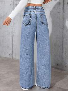 Pantalones vaqueros azul desgastado para mujer, de pierna recta y larga, sin estiramiento, de uso casual, con detalles de bolsillos de moda y artesanía de cordones, cada uno es diferente