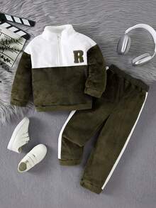 2 件套男童长袖高领字母刺绣夹克和撞色羊毛裤套装，秋冬