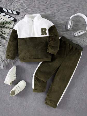 2 件套男童长袖高领字母刺绣夹克和撞色羊毛裤套装，秋冬