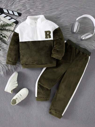 2 件套男童长袖高领字母刺绣夹克和撞色羊毛裤套装，秋冬