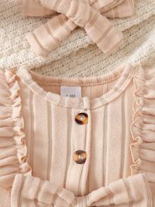 Pelele de manga larga con cuello de volantes y diadema con lazo para bebé niña, unicolor albaricoque, uso casual de otoño/invierno