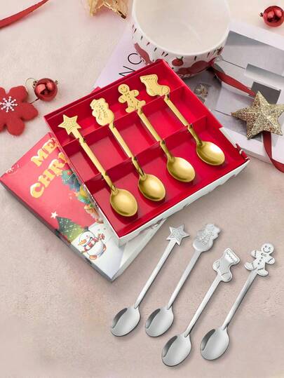 Christmas Spoon, Stainless Steel Christmas Mixing Spoons Set, Xmas Coffee Spoon Dessert Spoon Stirring Spoon Ice Cream Spoon, Teaspoons For Dessert Drinks Espresso Milkshake Jam, 4 Styles/Set, Creative Tableware Gift, Christmas Decoration, Christmas Stocking Fillers, Christmas Supplies