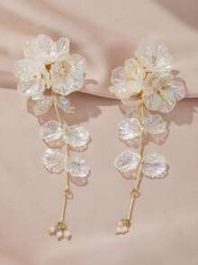 1 paire de boucles d'oreilles élégantes 3D de fleurs blanches, bijoux de luxe délicats avec de longs pompons en pétales, boucles d'oreilles pour fête, cadeaux d'amitié - boucle d'oreille - Voir 6