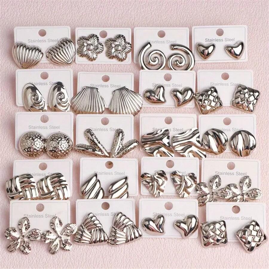 Set da 9 pezzi di orecchini in stile casual, set di orecchini geometrici in acciaio inossidabile con fiore/farfalla/ala/goccia d'acqua/conchiglia. Orecchini minimalisti e alla moda adatti per l'uso quotidiano delle donne o come regalo (consegna casuale) - Argento - Visualizzare 1