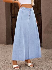 Chân váy xòe chữ A dài bằng vải denim ARWY thời trang nữ, thiết kế cài nút phía trước, chất liệu vải không co giãn, thích hợp mặc hàng ngày - màu xanh nhạt - Xem 4