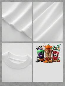 Camiseta con gráficos de bebidas navideñas, camiseta de algodón de manga corta y cuello redondo para mujer con gráficos de café y chocolate caliente de temporada, top informal de moda. - Blanco - Ver 4