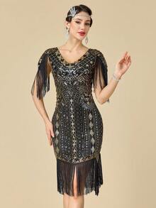 1920s Great Gatsby Dresses For Women, Vintage Long Fringe Dress Roaring 20s Sequins Beaded Dress - Gold - View 4