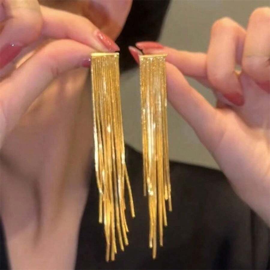 Golden Metal Chain Tassel Design Dangle Earrings Elegant Bling-Bling Style Copper 18K Gold Plated Jewelry Female Gift - 金色 - 查看 1