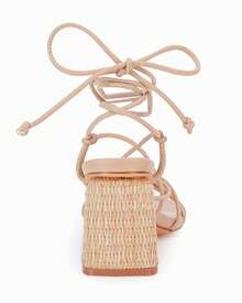 Womens Square Toe Lace-Up Strappy Heeled Sandals Braided Block Chunky Heel Ankle Strap Shoes - 卡其色 - 查看 5