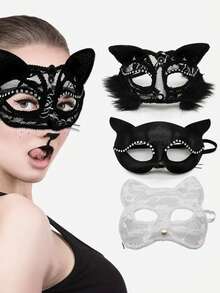 1pc Halloween Cosplay Prop Lace Cat Mask Face Cover, Photo Prop, Gothic Style Lace Mask, Sexy Lingerie Accessory