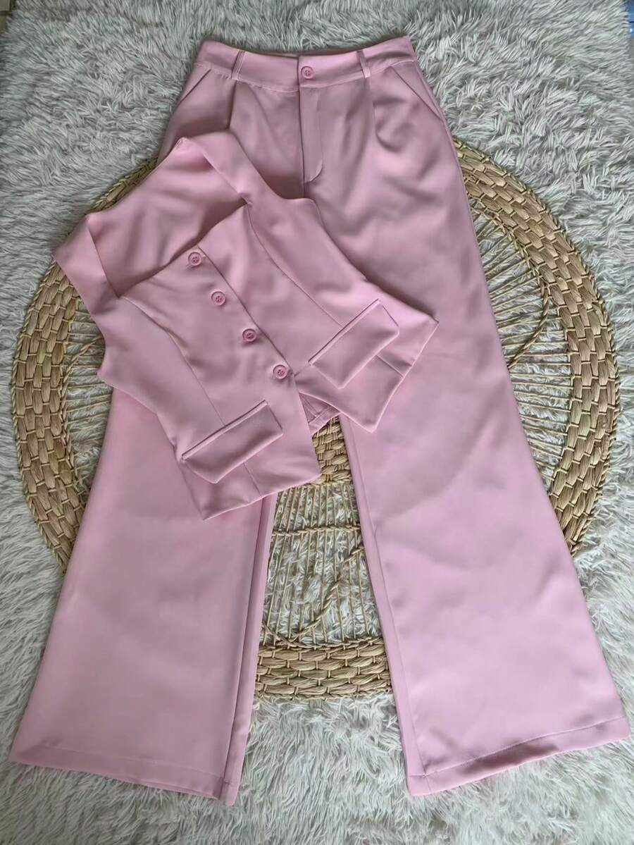 Formal Set Pantaloons Pants High Waist Pockets Tailoring Vest Buttons Simple Elegant Casual Pocket Zipper - Màu Hồng baby - Xem 1