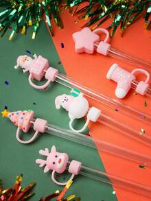 6pcs/Set Christmas Silicone Straw Cap,Four Styles To Choose From And Reusable Cartoon Santa Claus, Snowman, Reindeer, Penguin And Christmas Tree Design, Suitable For Cup Straws With Diameters Of 9mm-10mm - Straw Accessories