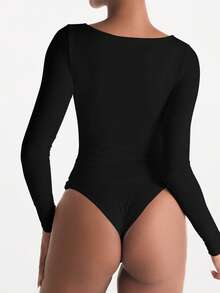 XLLAIS Big Square Neck Long Sleeve Casual Black Top Sexy High Stretch Double Layer T Shirts Women Fall Winter Clothes - Black - View 2