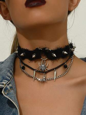 1 szt. Vintage Gothic PU Leather Wisiorek Pająk Naszyjnik z Dekoracją Serca i Nitu, Biżuteria Damska, Akcesorium na Halloween