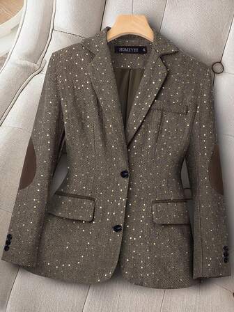 HOMEYEE Paljettlappning Kontrastfärgad Slagblus Långärmad, Vintage Elegant Casual Resort Business Professional Plus Size Jacka