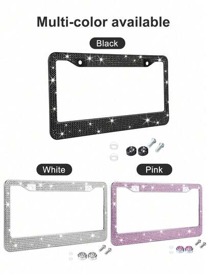 1PCS/2PCS Rhinestone Bling License Plate Frame – Sparkly Crystal-Embedded Design For All Genders | Glittery License Plate Holder With Matching Crystal Screw Caps | Durable Stainless Steel Construction, Sleek Black Finish | Eye-Catching Car Accessory To Elevate Vehicle Style, Secure License Plate Cover