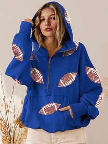 Womens Game Day Sweatshirts Football Sequin Hoodies Tailgate Outfits Long Sleeve Zipper Sweaters With Pocket - 藍色 - 查看 1