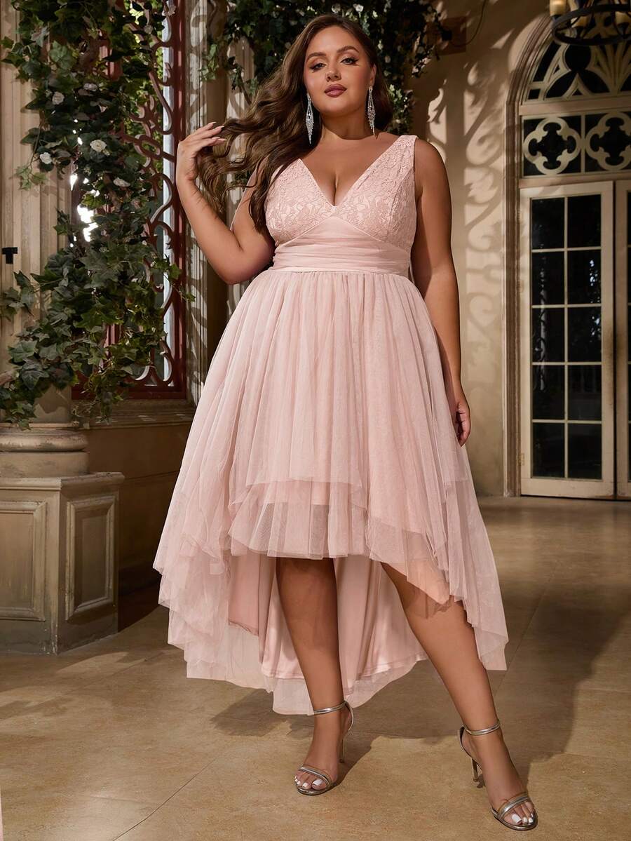 大碼深V領高低下擺網紗洋裝