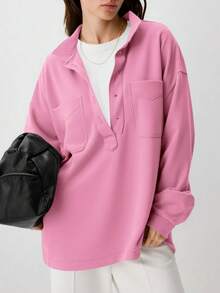 Fisoew Women Oversized Sweatshirt Long Sleeve Henley V Neck Pullover Top Fall Winter Cozy Loungewear Casual Streetwear Soft Y2K Vintage Blouse - 粉紅色 - 查看 2