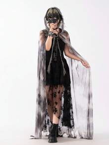 1 áo choàng Halloween có mũ màu đen, 1 áo blouse phù thủy ren, 1 khăn choàng lưới, 1 nơ cổ bèo nhún, họa tiết hoa - A - Xem 1