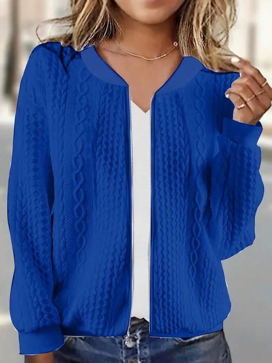 Plain Texture Casual Zipper Bomber Jacket, Cable Knit Rib Knit Casual Solid Color Long Sleeve Coat, Daily Women's Wear - Màu xanh lam - Xem 1