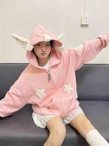 Women Cute Shark Hoodie Long Sleeve Blue Kawaii Animal Shark Shape Hooded Pullover Sweatshirts - 粉色 - 查看 5