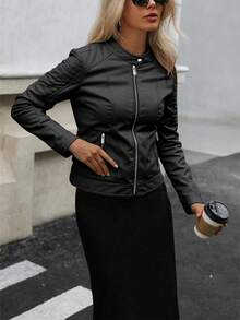 Risissida Women's Slim Fit Motorcycle Jacket, Suitable For All Seasons, Casual Jacket With Pockets And Zipper For Autumn/Winter - Black - View 5