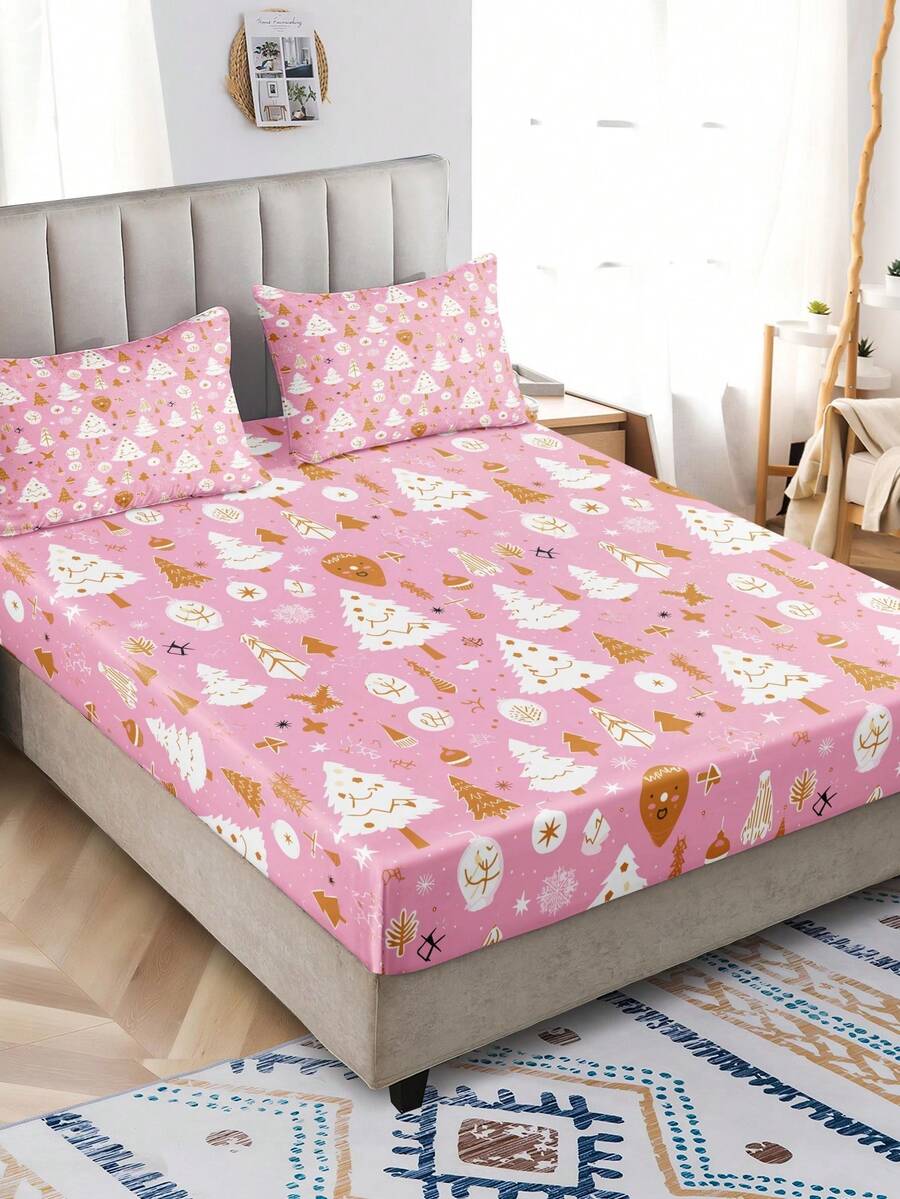 3pcs White Christmas Tree Pink Digital Printed Three Pieces Fitted Sheet Set (1 Fitted Sheet+2 Pillowcases Without Core) Suitable For Room Decoration Daily Polyester Fiber Soft Skin Friendly Bedding Indoor Bedroom Master Bedroom Christmas Decor Home Christmas Decoration Cute Christmas Gifts