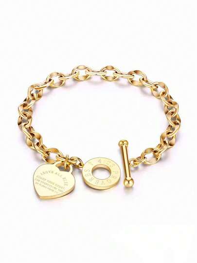 1pc Women's Stainless Steel Classic Heart Engraved OT Clasp Lip Chain Gold Bracelet, Suitable For Daily And Holiday Wear, Gift