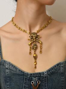 万圣节复古时尚海盗恐怖骷髅多层流苏吊坠项链颈链，女式朋克比基尼配饰