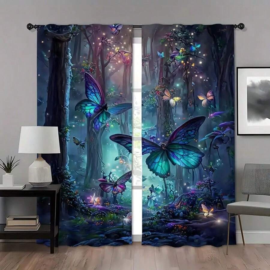 2pcs Enchanting Blue Butterfly Forest Curtains - Durable Polyester Fiber, Digital Printing, Vibrant Colors, Pole Bag Design, Easy To Hang, Fade Resistant, Ideal Choice For Living Room Decoration