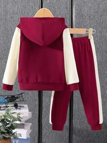 Conjunto de 2 peças de moletom com capuz e zíper para meninas + calças de cor contrastante, roupa casual - Vermelho - Ver 2