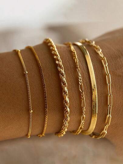 6 Pieces Of Bracelet Set, Alloy Round Bead Chain Box Chain, Simple And Fashionable Bracelet, A Versatile Jewelry Collection, Suitable For Daily Wear, Including Paper Clip Chain Wedding Accessories