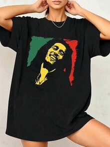 100% Cotton Camiseta para mujer con vibrantes colores reggae summer tops for women - Negro - Ver 1