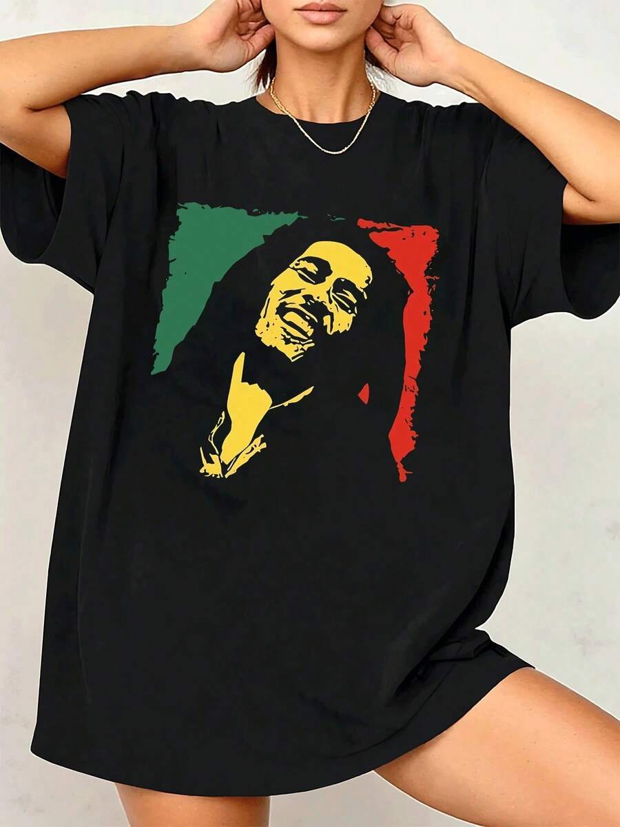 100% Cotton Camiseta para mujer con vibrantes colores reggae summer tops for women - Negro - Ver 1