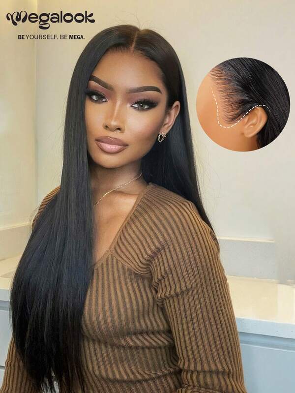 MEGALOOK Atualização 13x6 Peruca Wig Glueless Three-Go™ Cabelo Liso Sedoso Pré-Cortada Frente de Renda Nós Branqueados Glueless Cabelo Humano com Cordão 150%/200% Densidade Pré-Arrancado Renda Transparente Cor Natural Peruca de Cabelo Humano para Uso Diário, Escritório, Festa, Estilo Y2K Baddie, Férias, Cosplay, Campus, Escola, Halloween, Festival