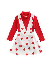 2 Pcs Infant Valentines Day Outfits, Girls Ribbed Long Sleeve High Collar Pullover + Love Print Suspender Skirt - Rojo - Ver 1