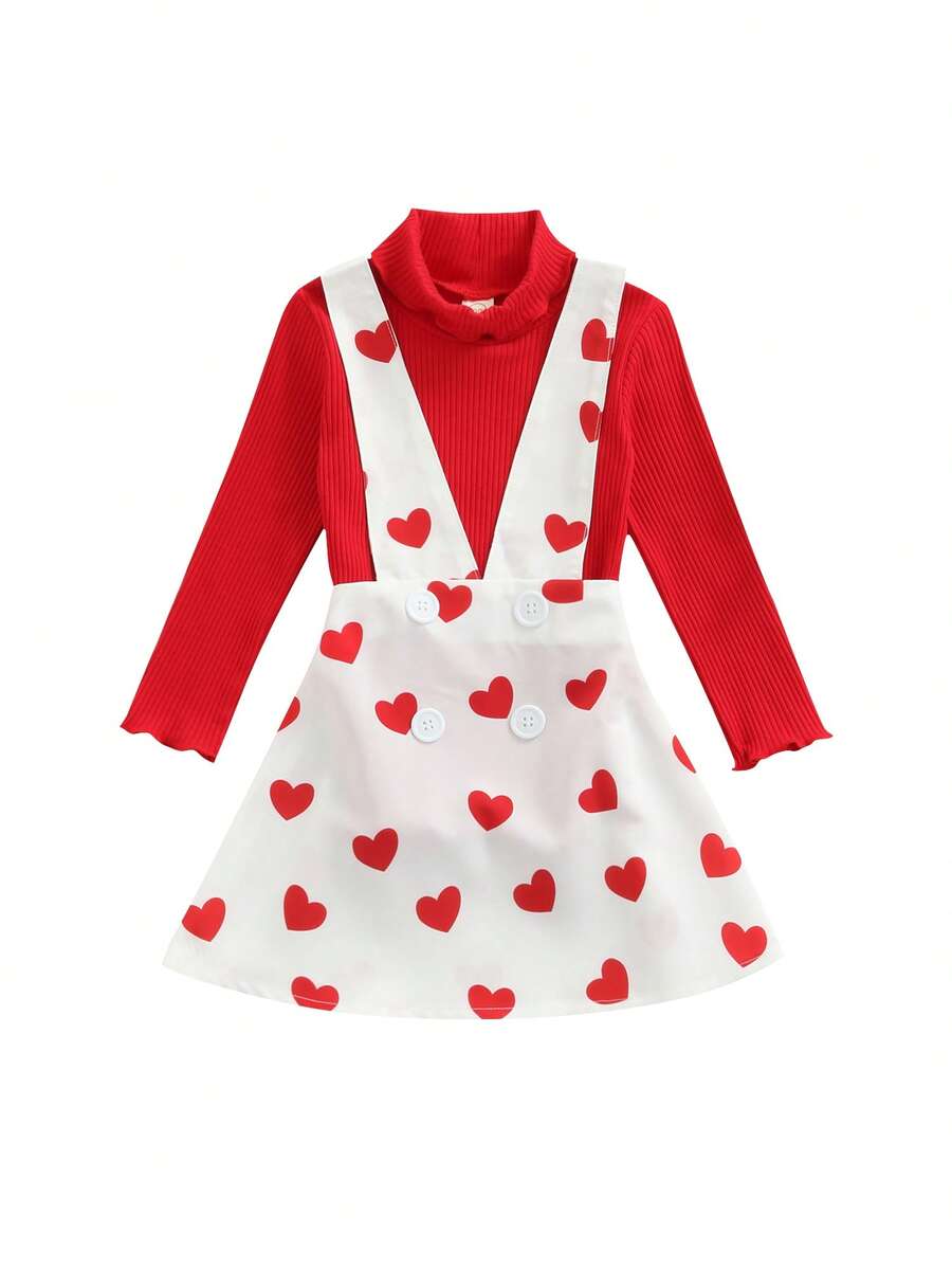2 Pcs Infant Valentines Day Outfits, Girls Ribbed Long Sleeve High Collar Pullover + Love Print Suspender Skirt - Rojo - Ver 1
