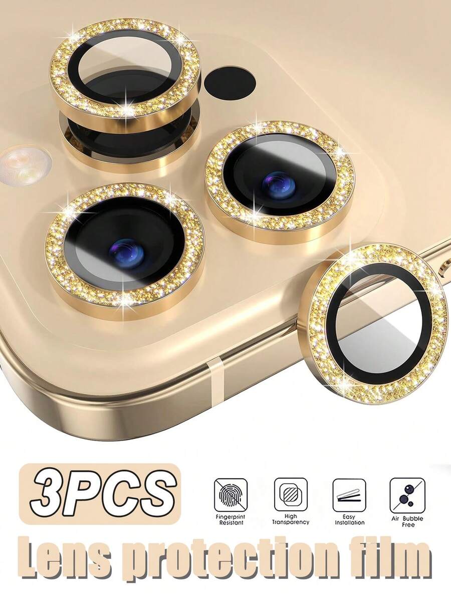 3pcs For IPhone 16Pro/IPhone16 Pro Max/15/14/13/12/11 Camera Lens Protective Film Shiny, [Glitter Decoration] Ultra HD Tempered Glass Cover, Metal Lens Screen Protective Ring, Glitter Gold