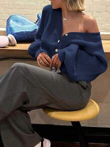 FOR BEAUTY 海军蓝休闲针织开衫，女士秋冬新款宽松单排扣V领长袖柔软毛衣上衣，新年 - 寶蘭 - 查看 6