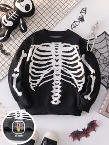 Boys' Halloween Skeleton Knitted Pullover Sweater, Suitable For Holiday, Spring, Autumn And Winter Seasons - Black - View 1