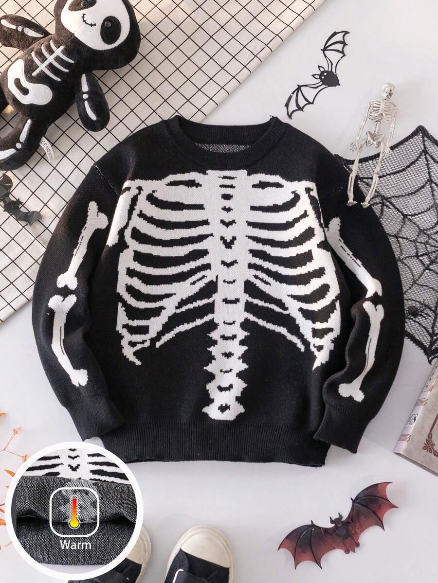 Boys' Halloween Skeleton Knitted Pullover Sweater, Suitable For Holiday, Spring, Autumn And Winter Seasons - Black - View 1