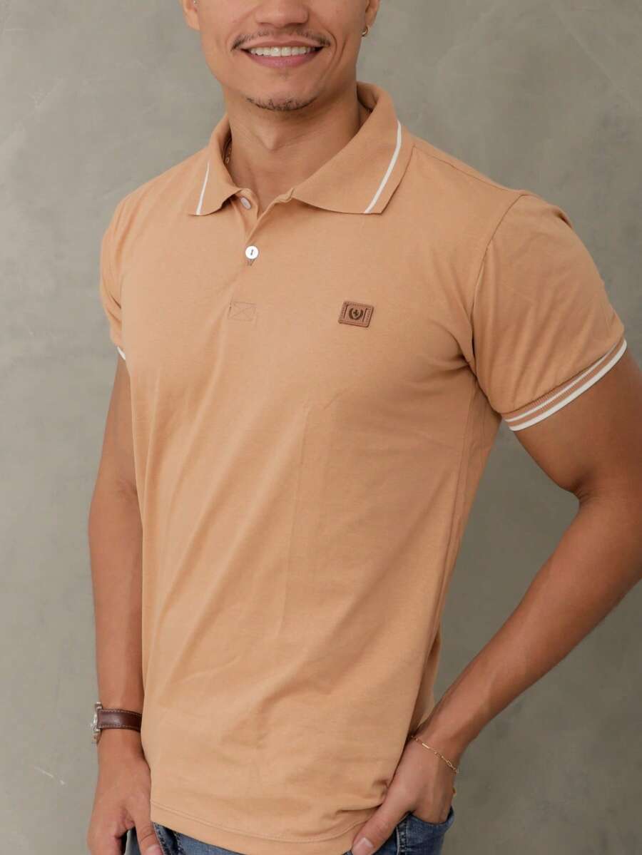 Men's Summer T-Shirt Regular Fit Buttons On The Front Embroidery Contrasted Waistband - Màu be - Xem 1