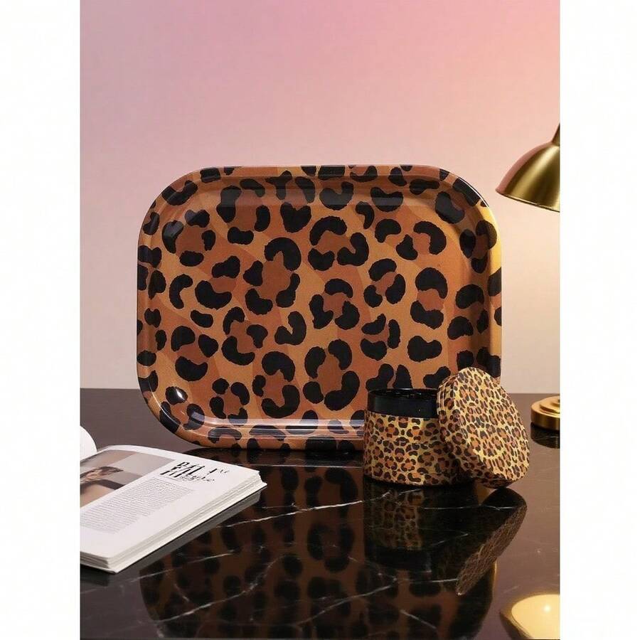 Rolling Tray Set, For Leopard Pattern Lovers | Includes 180*140mm Rolling Tray, 4-Layers Aluminum Alloy Grinder |  Smoking Accessories Kit, For Friends, Families, And Smokers - Họa tiết da báo - Xem 1
